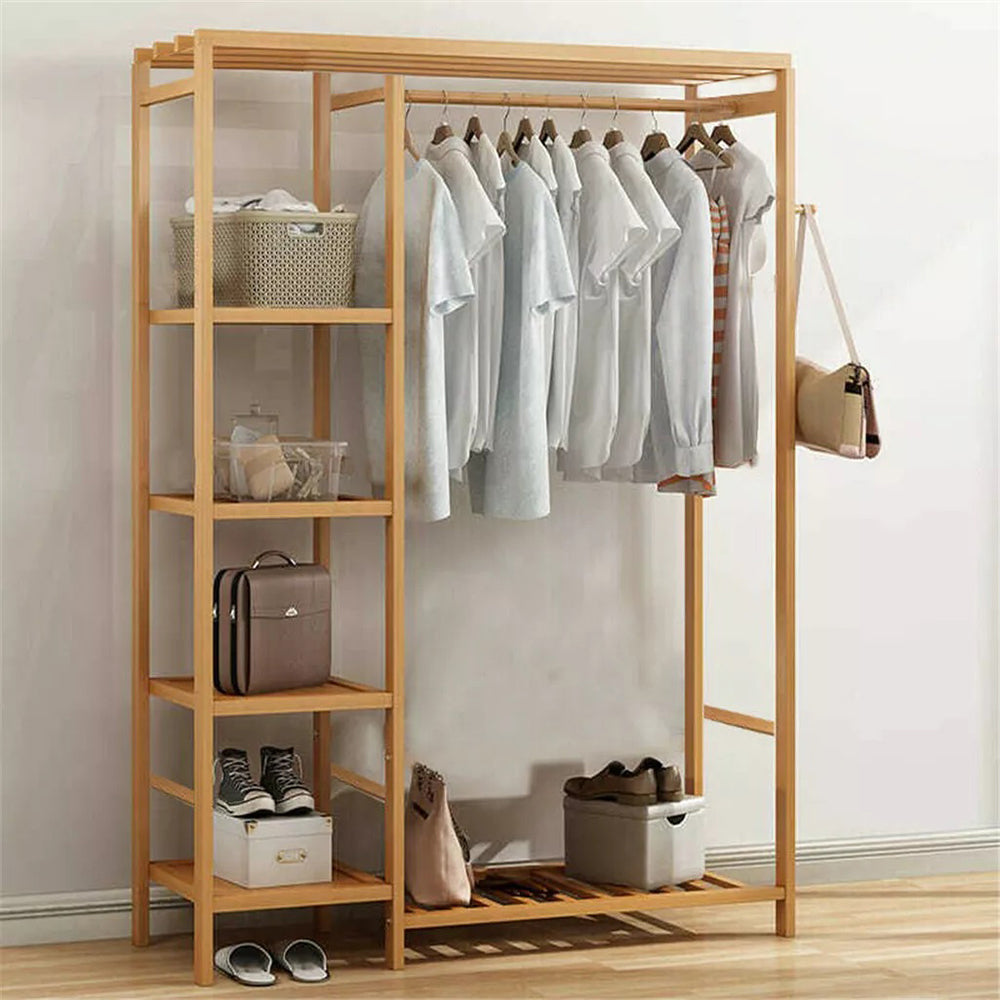 Bamboo Wood Clothing Garment Rack with Shelves_0