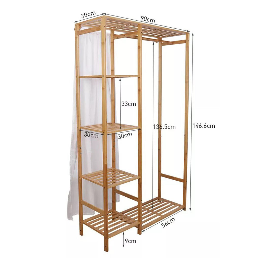 Bamboo Wood Clothing Garment Rack with Shelves_10