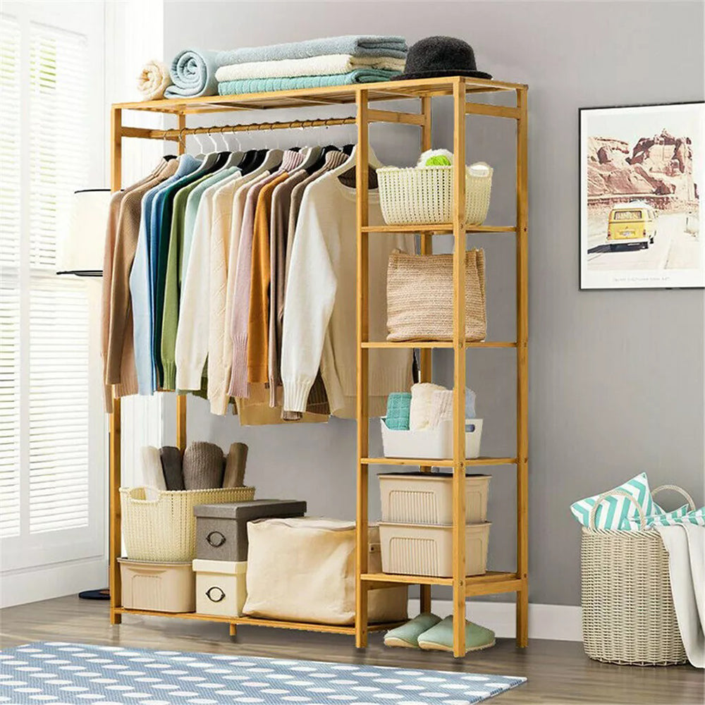 Bamboo Wood Clothing Garment Rack with Shelves_1