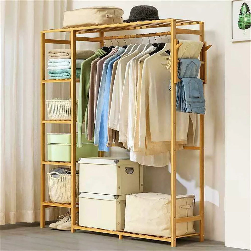 Bamboo Wood Clothing Garment Rack with Shelves_3