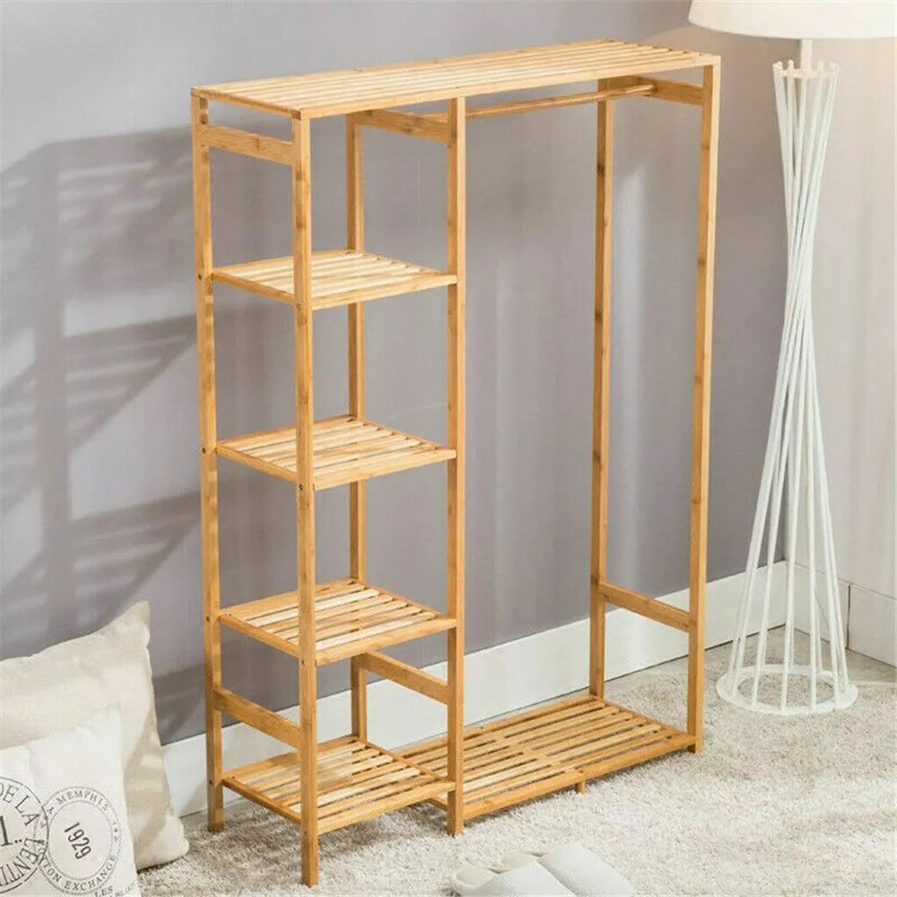 Bamboo Wood Clothing Garment Rack with Shelves_4