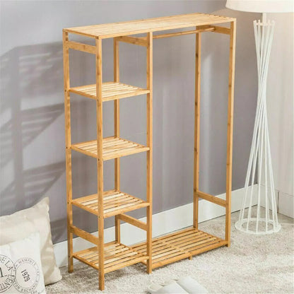 Bamboo Wood Clothing Garment Rack with Shelves_4