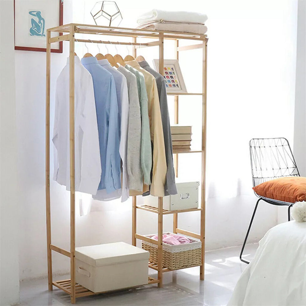 Bamboo Wood Clothing Garment Rack with Shelves_7