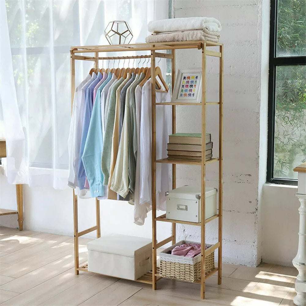 Bamboo Wood Clothing Garment Rack with Shelves_8