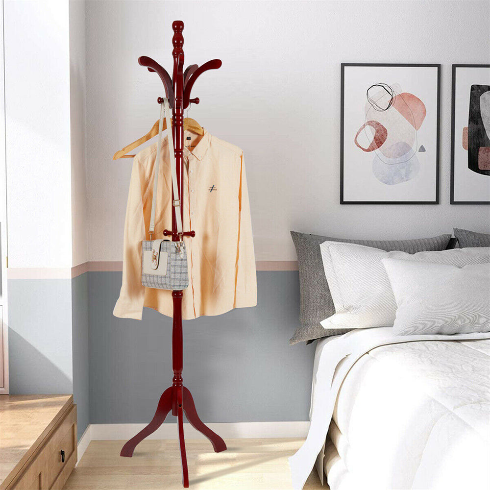 Solid Birch Wood Coat Racks Stand Floor Standing Hanger Rack with Tripod Base_4