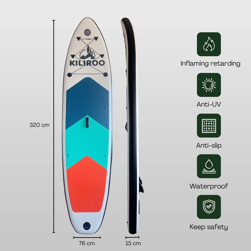 KILIROO Inflatable Stand Up Paddle Board Balanced SUP Portable Ultralight, 10.5 x 2.5 x 0.5 ft, with EVA Anti-Slip Pad Grey, Tiffany Blue & Red