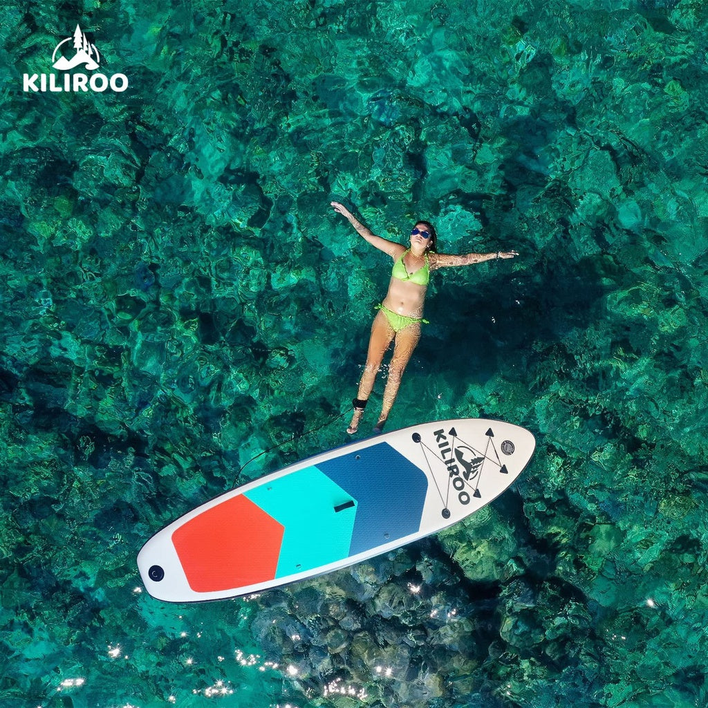 KILIROO Inflatable Stand Up Paddle Board Balanced SUP Portable Ultralight, 10.5 x 2.5 x 0.5 ft, with EVA Anti-Slip Pad Grey, Tiffany Blue & Red