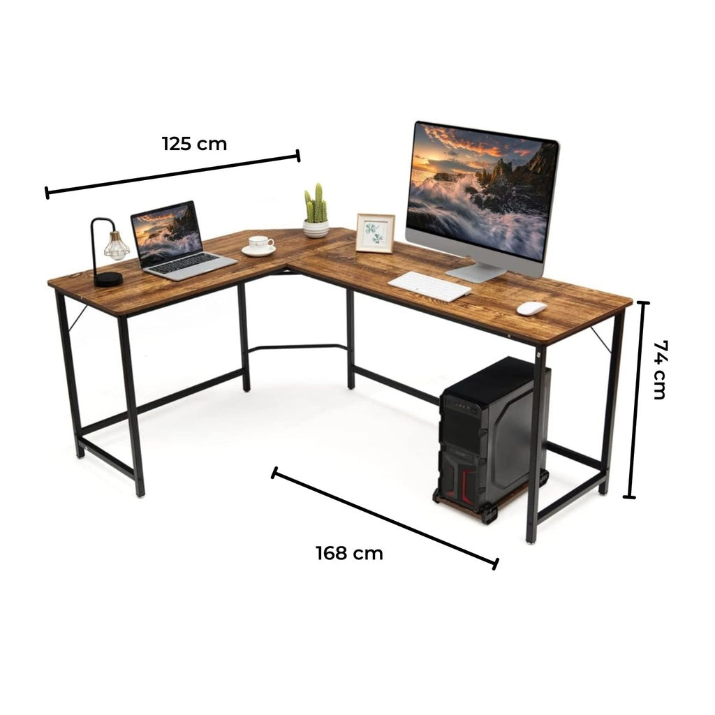 EKKIO L-Shaped Corner Computer Desk with CPU Stand (Brown)