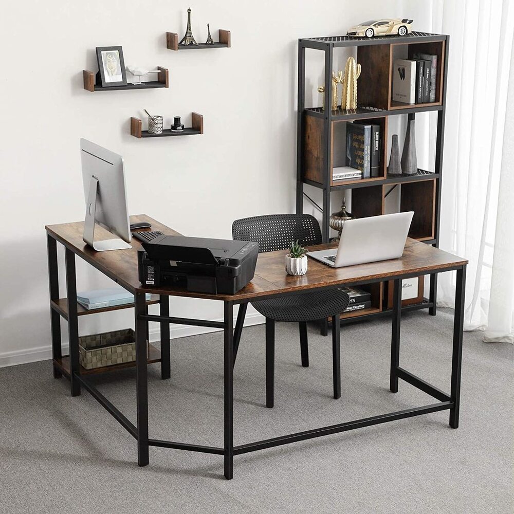 VASAGLE L-Shaped Computer Desk Rustic Brown and Black LWD73X