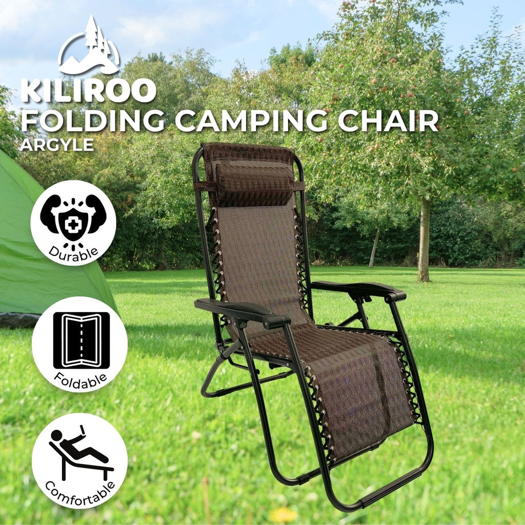 KILIROO Reclining Sun Beach Deck Lounge Chair Outdoor Folding Camp Rest Argyle