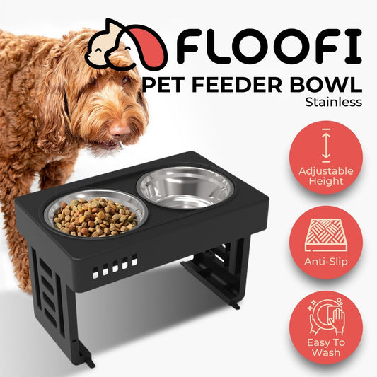 FLOOFI Elevated Pet Feeder Food Water Double Bowl Adjustable Height Raised Stand