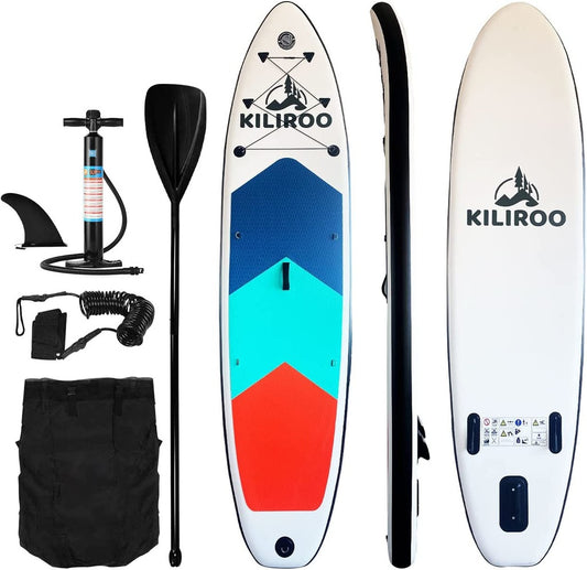 KILIROO Inflatable Stand Up Paddle Board Balanced SUP Portable Ultralight, 10.5 x 2.5 x 0.5 ft, with EVA Anti-Slip Pad Grey, Tiffany Blue & Red